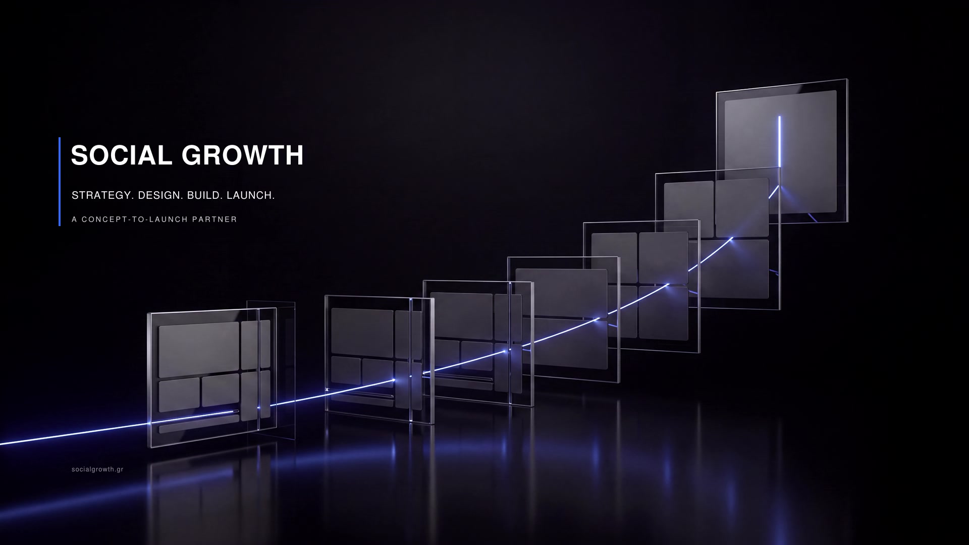 Εταιρικό film της Social Growth με φωτεινή διαδρομή ανάμεσα σε ψηφιακές επιφάνειες.